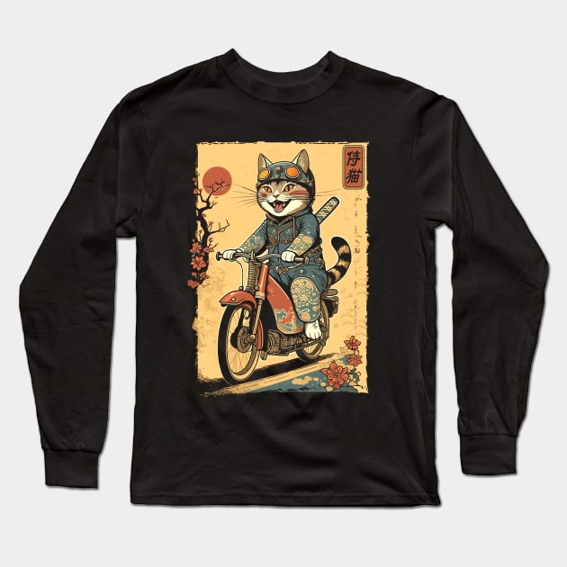 Japanese Samurai Cat on Motorcycle Kawaii Ninja Cat Long Sleeve T-Shirt by Apocatnipse Meow